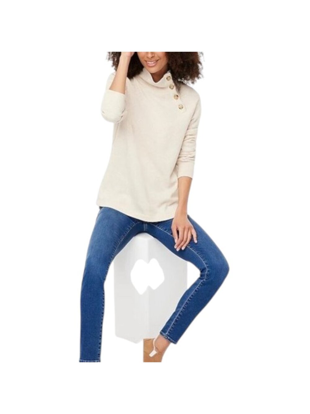 J. Crew Fleece Heather Oatmeal Button Neck Tunic Pullover Sweatshirt